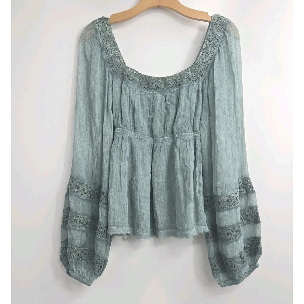 Free People Peasant Top Size Medium Moonchaser Blue Dust Mineral Puff Sleeve